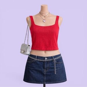 Vintage Y2K Red Linen Blend Square Neck Tank Top Size Large Summer Colorful Punk